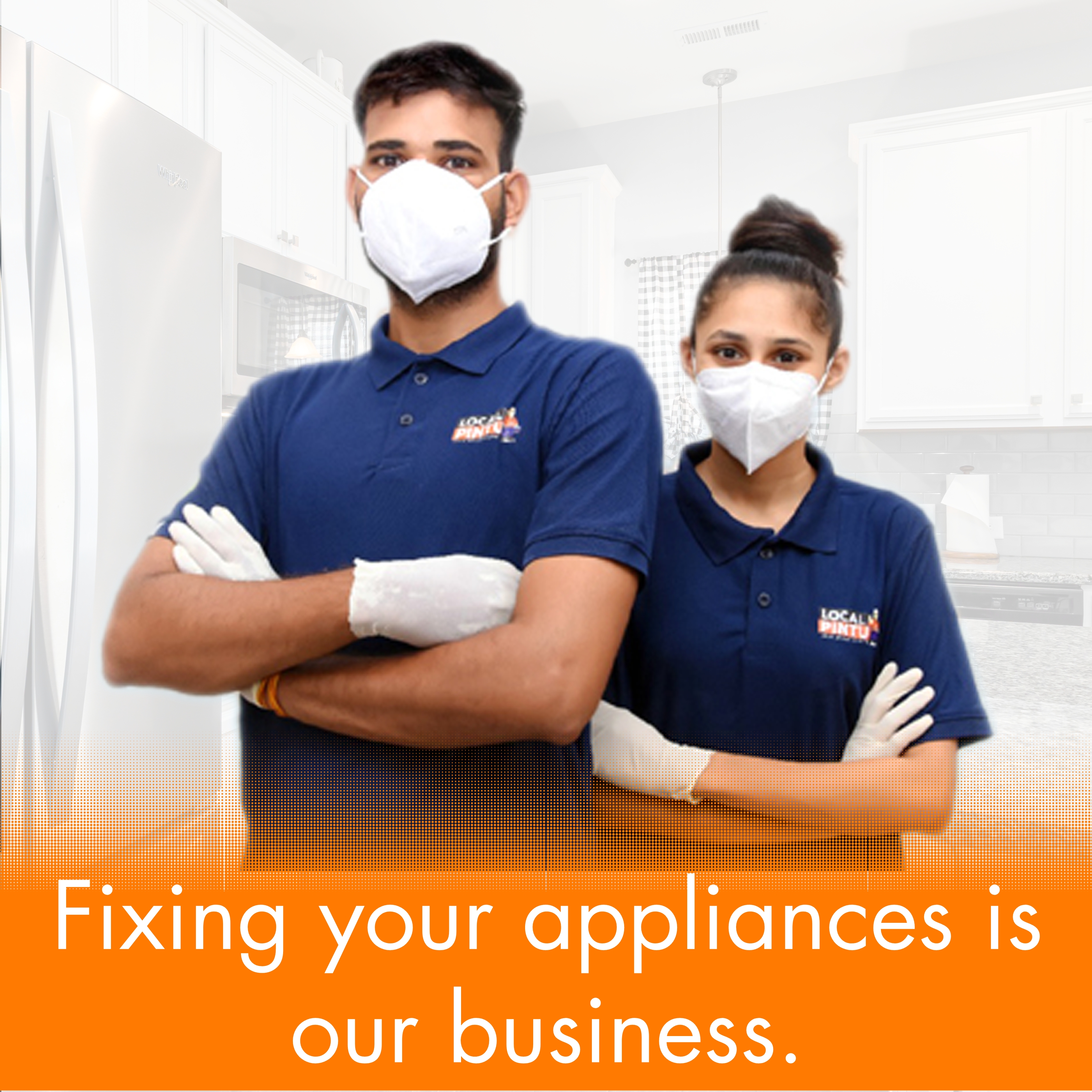 Appliance repair service ads feature a refrigerator, stove, microwave, and washing machine with 