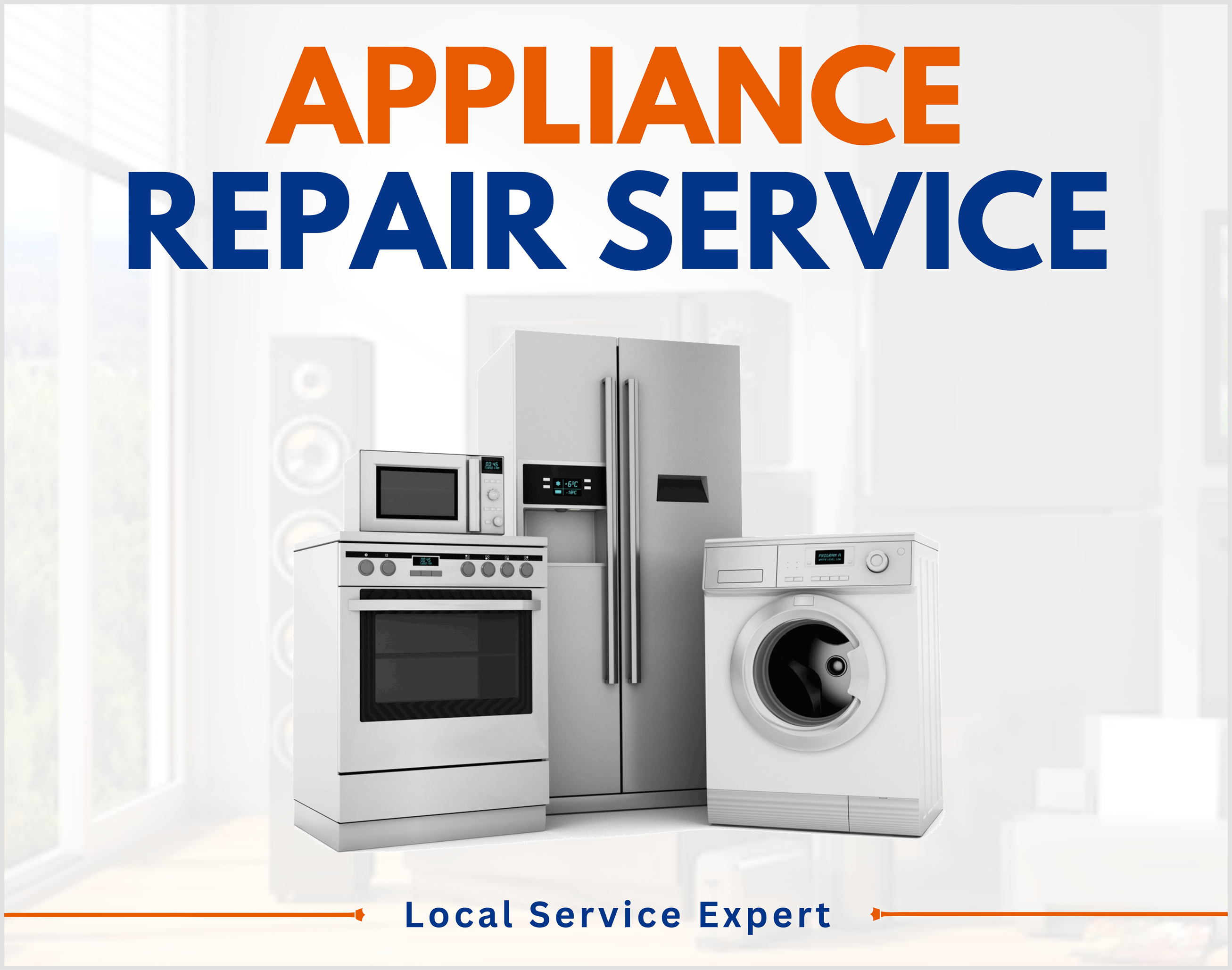 Appliance repair service ads feature a refrigerator, stove, microwave, and washing machine with 