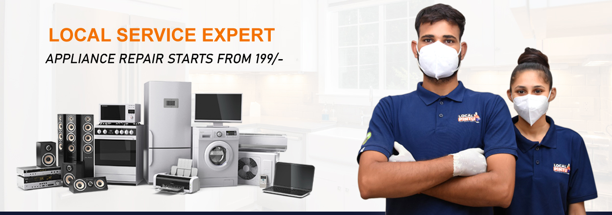 Two people wearing masks and gloves stand beside various home appliances, with text promoting appliance repair services starting from 199.
